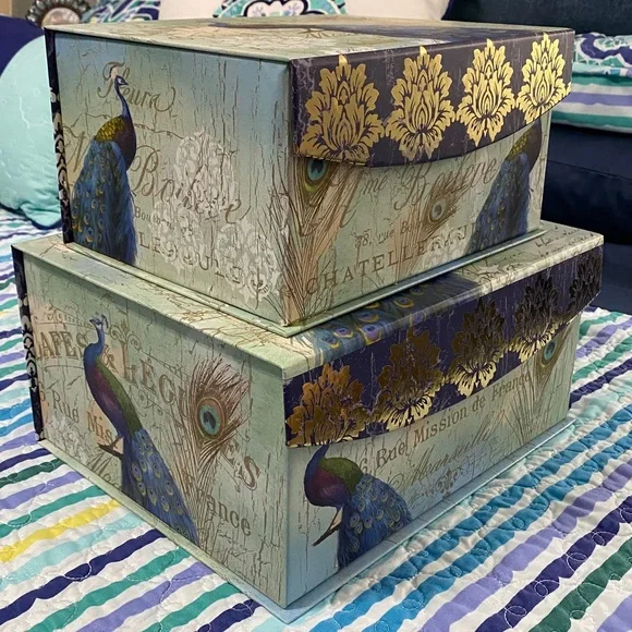 Set of 2 Nesting Peacock Decorative Storage Boxes - Picture 2 of 8